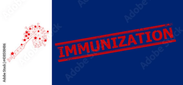 Fototapeta Mesh virus vaccine injection polygonal icon vector illustration, and red IMMUNIZATION textured seal. Carcass model is based on virus vaccine injection flat icon, with stars and polygonal mesh.