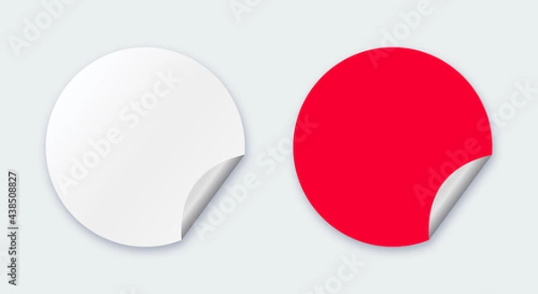 Fototapeta Circle sticker red and white. Paper round stickers with peeling corners and shadow. Realistic paper sticker mockup with curved corner