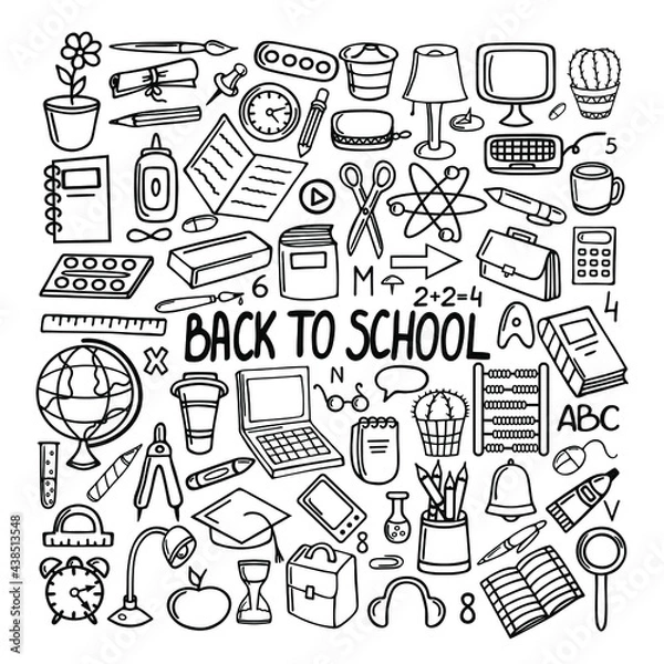 Fototapeta School elements doodles hand drawn line icon. Vector illustration. Vector set back to shcool line icons.
