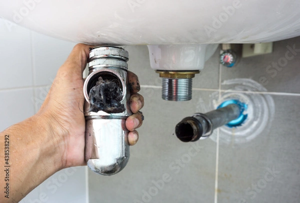 Fototapeta Hand of Plumber holding joints and connections of Basin or sink in a bathroom, Clearing a Clogged Bathroom Sink in a bathroom for unclog a Sink.