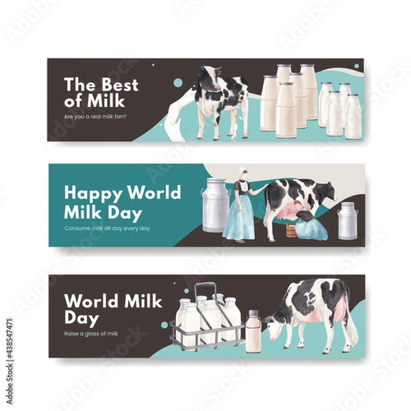 Fototapeta Banner template with world milk day concept,watercolor style