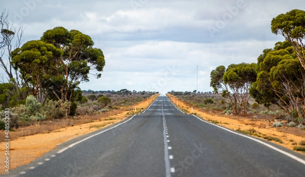 Fototapeta 90 Mile Straight on Eyre Highway between Balladonia and Caiguna on Nullarbor Plain of Western Australia. The longest straight stretch of road in Australia and one of the longest in the world.
