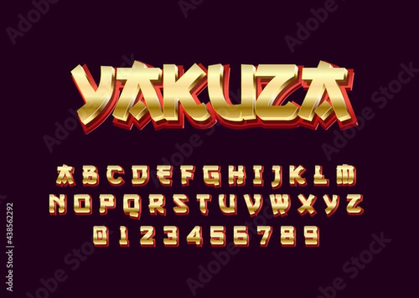 Fototapeta 3d bold modern gold typeface, vibrant cool text effect, japanese graffiti alphabet template