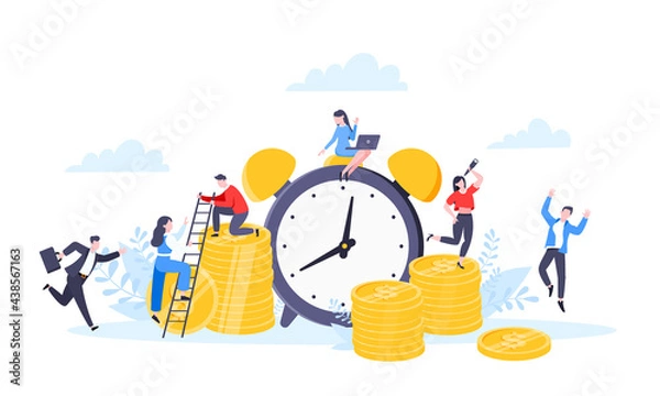 Fototapeta Time is money or save time business concept flat style vector illustration isolated on white background. Financial investment and marketing planning of money growth with US coin, big clock and people.