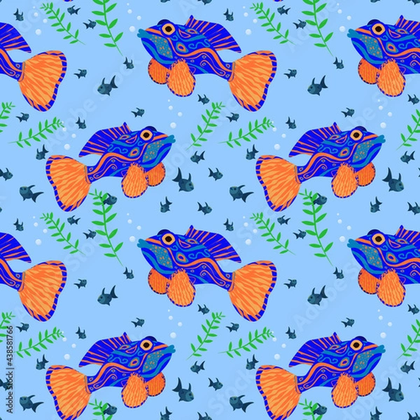 Fototapeta marine vector pattern with mandarin fish on a blue background