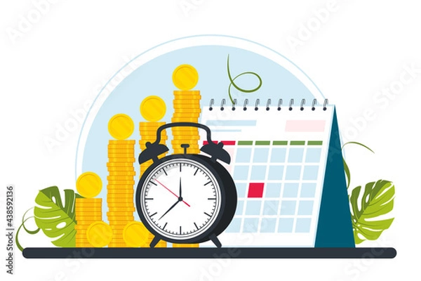Fototapeta Pay Check, Salary, Payroll Concept. Heap of gold coins, alarm or clock, calendar. Time is a money and planning concept. Entrepreneurship and calendar schedule planning with filling course campaign.