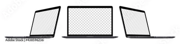 Obraz Realistic laptop device perspective mockup set : front view, sideways view. Isolated dark grey computer with empty screens on white background. Editable blank screen mock-up. Vector illustration.