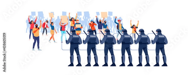 Fototapeta Crowds of people at a demonstration for human rights. Police in Riot Gear Holding the Line. Angry men and women protest, holding placards. Protesters at a political rally. Vector flat illustration