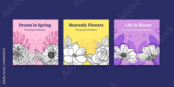 Fototapeta Advertise template with spring line art concept design watercolor illustration