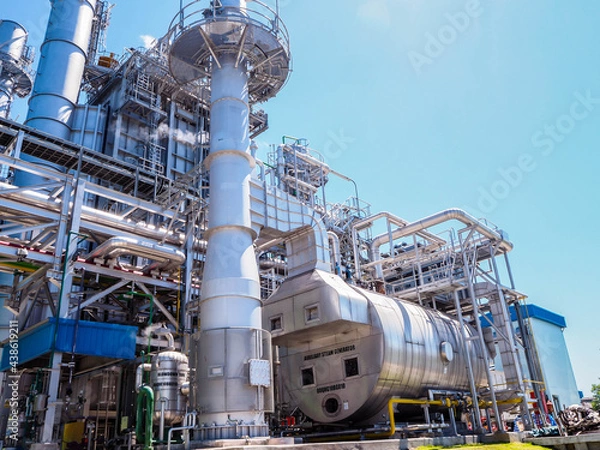 Fototapeta Auxiliary boiler systems from natural gas which include stack, burner, boiler and sky in power plant.
