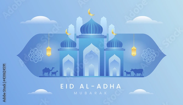 Fototapeta Eid al adha mubarak the celebration of muslim community festival background, banner, greeting design with gradient blue and gold color theme. Silhouette lamb, goat and camel. Mosque Illustration.