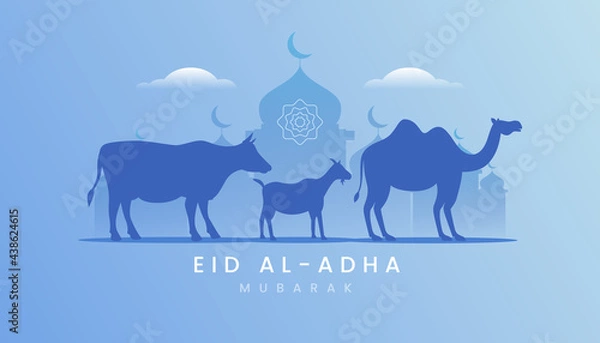 Fototapeta Eid al adha mubarak the celebration of muslim community festival background, banner, greeting design with gradient blue color theme. Silhouette lamb, goat and camel.