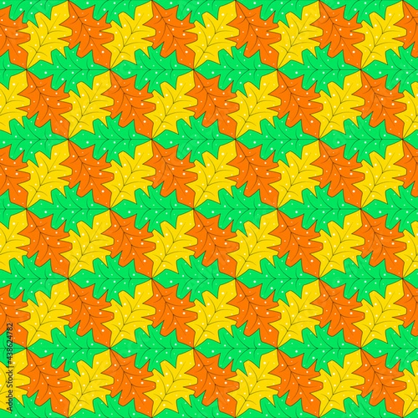 Obraz Geometric seamless pattern with abstract colorful leaves(green,yellow,orange) and white dots.Bright mosaic and tessellated vector illustration.