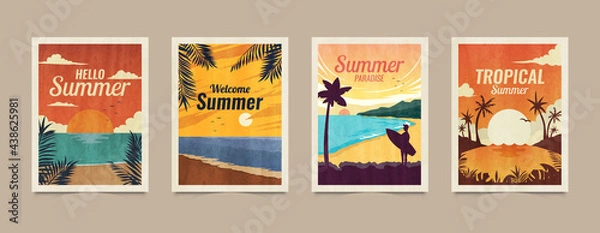 Fototapeta Summer tropical cards. Vacation posters in retro style. Backgrounds with summer tropical leaves, landscapes, sunsets and nature graphics