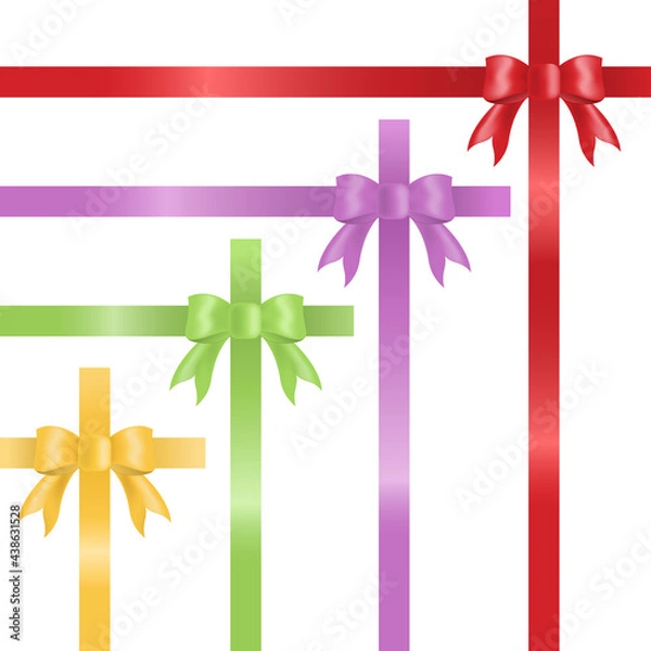 Fototapeta Set of multi-colored bows with ribbons isolated on white background.Vector illustration. Design elements for wedding, birthday, Valentine's day.