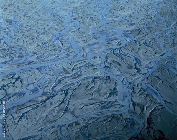 Fototapeta new zealand, mt.cook national park, tasman river, aerial view, south island, mount cook national park, river, rivers, river branches, tangle, branching, river landscape, overview, background, 