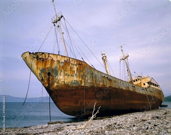 Fototapeta freighter, stranded, ship, cargo ship, beach, shore, wreck, shipwreck, rusty, ephemeral, perishable, corossion, weathered, discarded, scrap, disposal, environment, environmental pollution