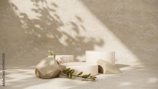 Fototapeta 3D rendering of stone podium geometry. Abstract pastel geometric shape blank platform. Empty showcase pedestal product display for cosmetic presentation. Minimal composition with round scene.