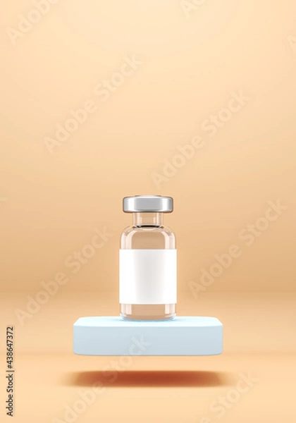 Fototapeta The vaccine bottle on floating blue platform on beige backdrop, Minimalist background for medical. 3d rendering