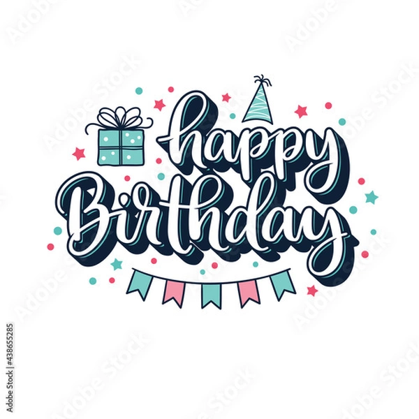 Obraz Happy Birthday hand lettering typography with related design elements - gift box, cap, bunting and stars