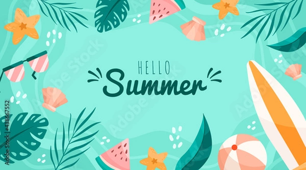 Fototapeta Hello Summer. Background with beach accessories and palm leaves.