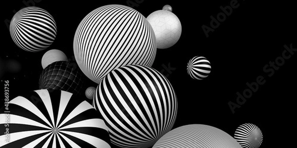 Fototapeta many decorative balls Horizontal stripes black and white 3D illustration
