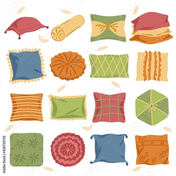 Fototapeta Pillows. Interior design. Decoration. Vector set on an isolated background. Hand-drawn flat illustrations of decorative pillows are suitable for graphic interior design, stickers, printing.