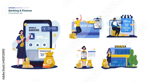 Fototapeta Banking and financial mobile application illustration set