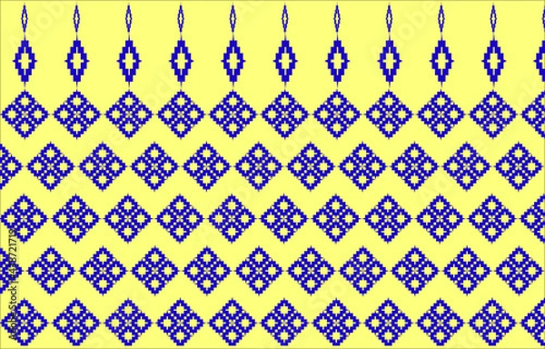 Fototapeta Vector Pixel art seamless border texture ethnic pattern background with vertical thin stripe, winter blue  color, for design of linen fabric, linen textile, wrapping paper.