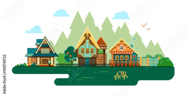 Obraz Row of village houses in flat design style. Landscape of a Russian village with wooden houses in a traditional style.