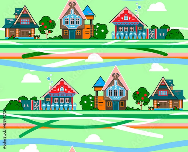 Obraz Сolor illustration for the motif of village life, seamless pattern with repeating houses and trees for use in printing on fabric, packaging design.