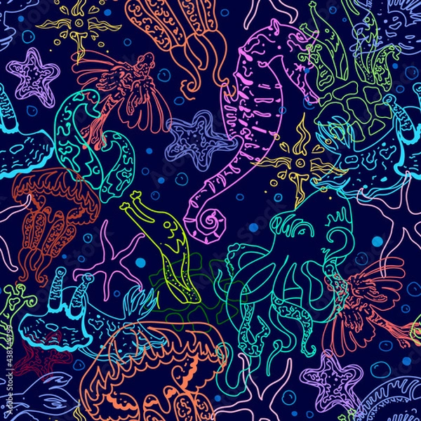 Obraz Underwater world seamless pattern. Seahorse, medusa, fish, starfish, octopus, and other unusual monsters in linear style.