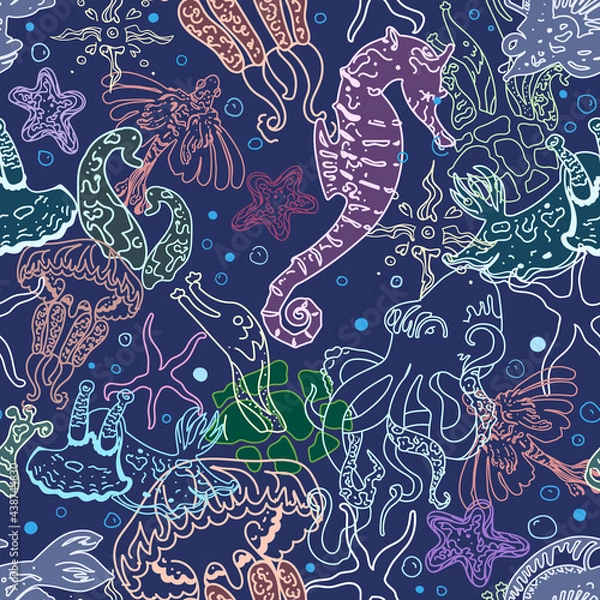 Obraz Sea animals seamless pattern. Seahorse, medusa, fish, starfish, octopus, and other unusual monsters in linear style.