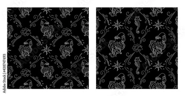 Obraz Underwater world in a 2 geometric seamless pattern. White silhouette octopus and seahorse on black background.
