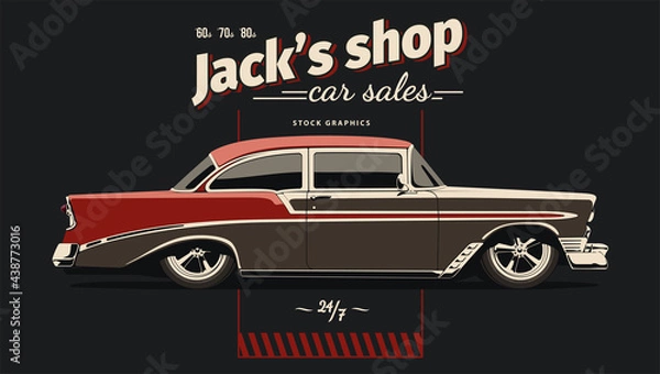Fototapeta Classic car graphically, vector illustration. View from side with perspective.