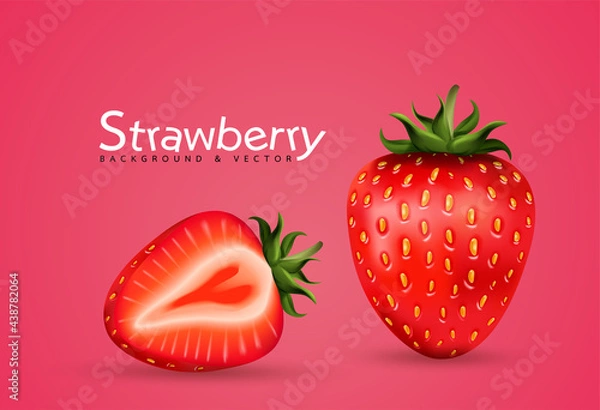 Fototapeta 3d realistic transparent isolated vector set, whole and slice of strawberry, strawberry in a splash of juice with drops, strawberry in a splash of milk or yogurt