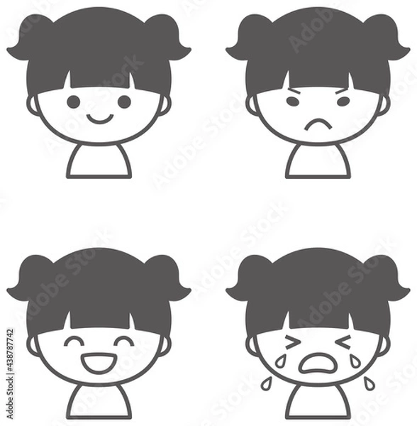 Obraz 女の子のいろいろな表情　アイコンセット　モノクロ