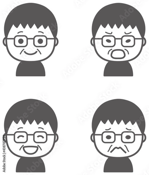 Obraz おじいちゃんのいろいろな表情　アイコンセット　モノクロ