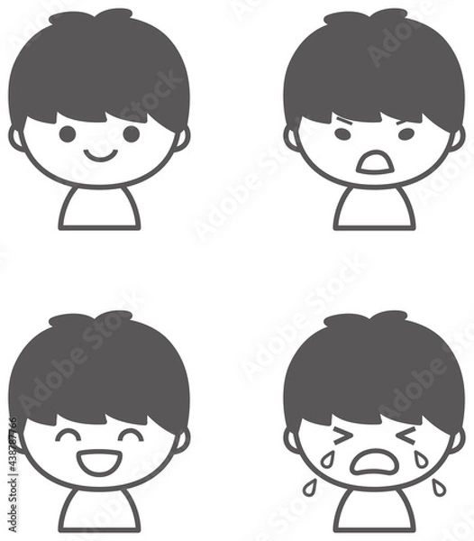 Obraz 男の子のいろいろな表情　アイコンセット　モノクロ