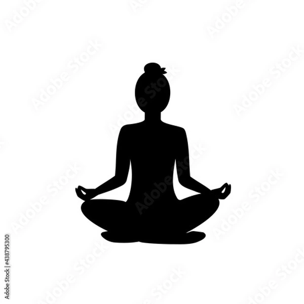 Fototapeta Woman practices meditation in lotus position, black silhouette on white background. Slender girl doing yoga asana crossed legs. Yoga complex. The concept of healthy lifestyle. Vector illustration