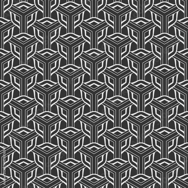Fototapeta Modern background pattern with white geometric ornament on black background, wallpaper. Seamless pattern, texture. Vector image