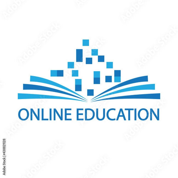 Fototapeta Open book logo and virtual pixels online learning concept, vector art illustration.