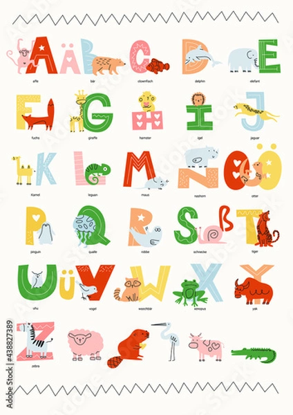 Fototapeta Children's educational poster alphabet with animals German language. Simple minimalistic graphics, muted light colors.