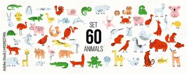 Fototapeta Set of 60 animals: mammals, birds, fish. Simple minimalistic graphics, muted light colors.