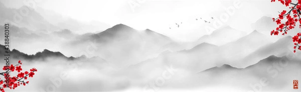 Obraz Misty mountains with gentle slopes and flock of birds in sunrise sky. Traditional oriental ink painting sumi-e, u-sin, go-hua.