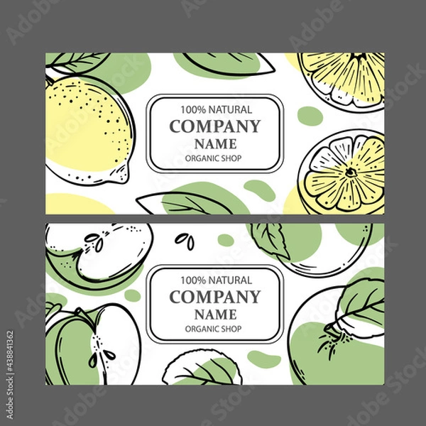 Obraz LEMON GREEN APPLE LABELS Design Of Stickers For Shop Of Organic Natural Fresh Fruits Vegetables And Dessert Drink Products In Sketch Style Vector Illustration Set