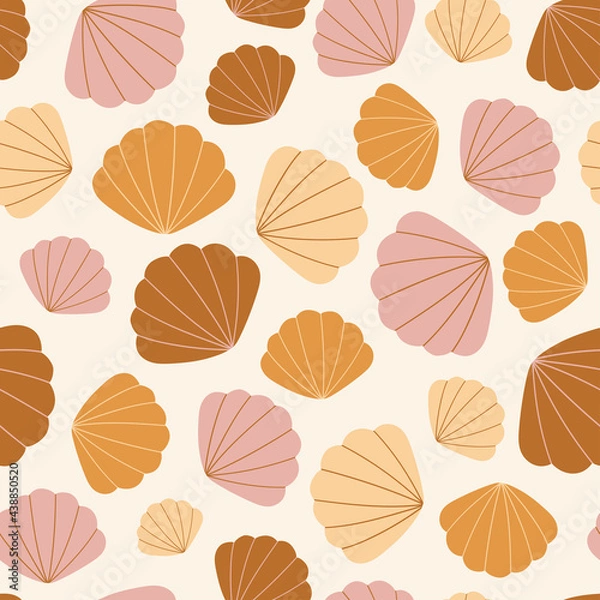 Fototapeta Seamless pattern with seashells on beige background.  Vector sea texture. For wallpaper, textiles, fabric, paper