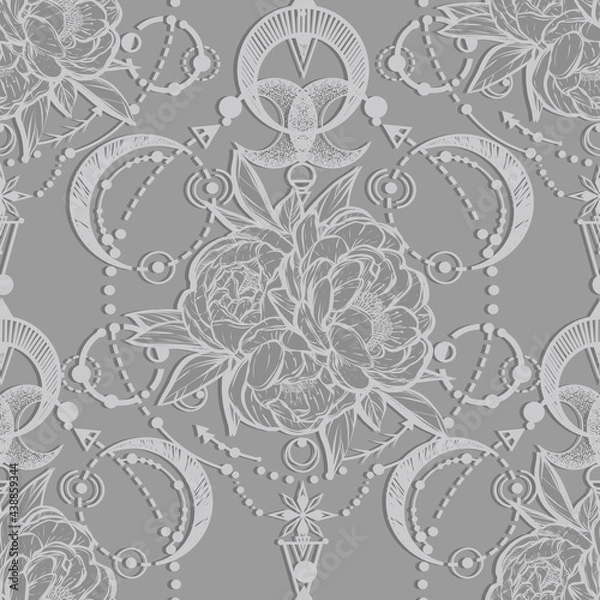 Fototapeta Vector illustration,  Alchemy, magical astrology, spirituality and occultism, Handmade, print on t-shirt, tattoo, grey background, seamless pattern