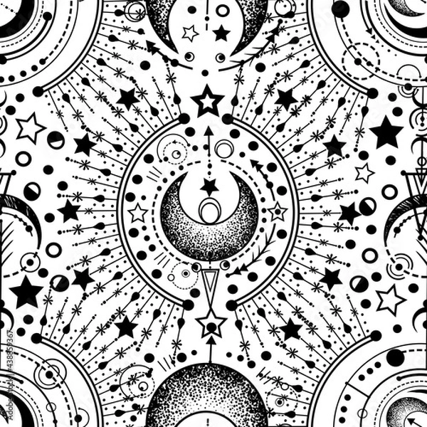 Fototapeta Vector illustration,  Alchemy, magical astrology, spirituality and occultism, print on t-shirt, Handmade, light  background, seamless pattern