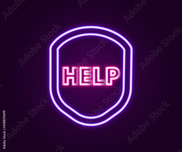 Fototapeta Glowing neon line Shield with text Help icon isolated on black background. Guard sign. Security, safety, protection, privacy concept. Colorful outline concept. Vector